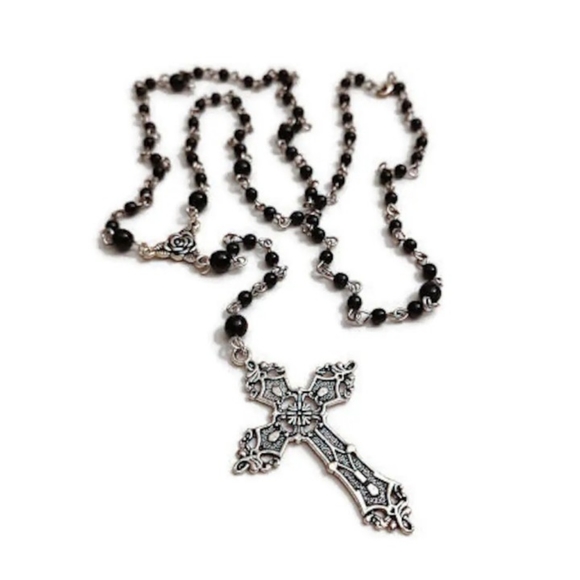 Gothic Victorian Black & Silver Rosary HAND MADE by Vexed Jewelry Goth Necklace - Picture 2 of 4